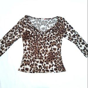 Vintage Leopard Print 3/4 Sleeve Draped Neck Blouse Top Small/Medium